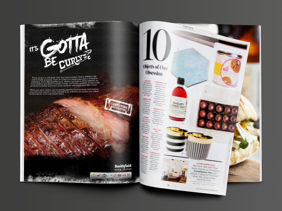 A glossy foodservice ad from Foodmix that features Smithfield’s barbecue brand line called Curly’s