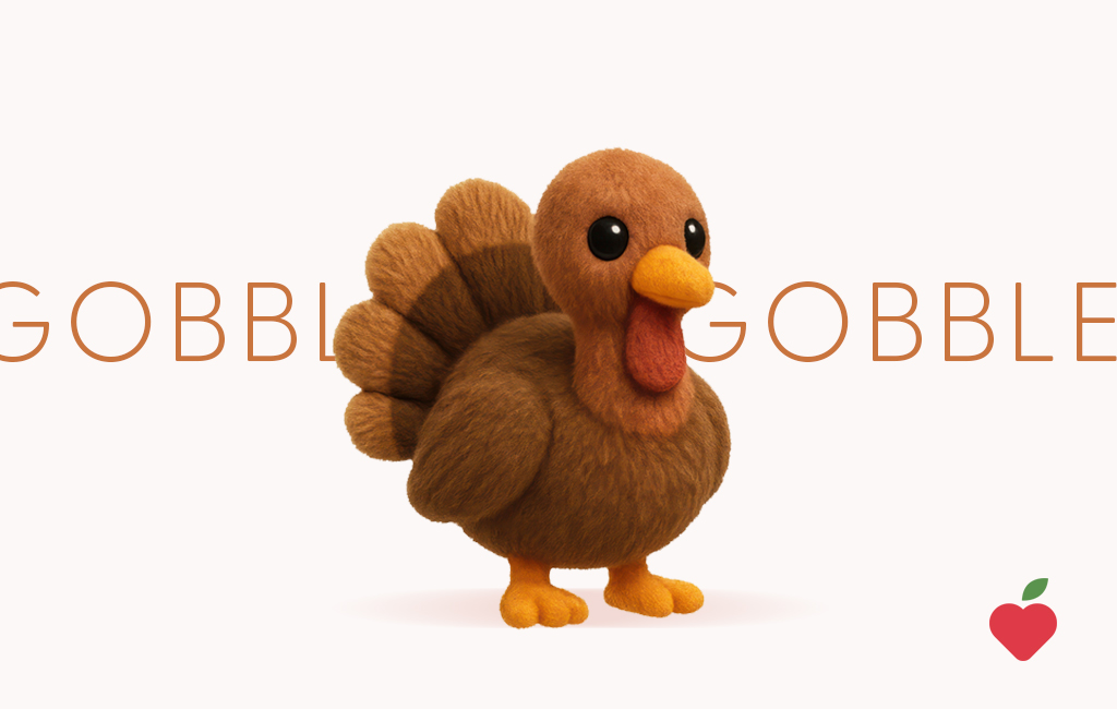 Image of turkey with the words gobble gobble in the background.